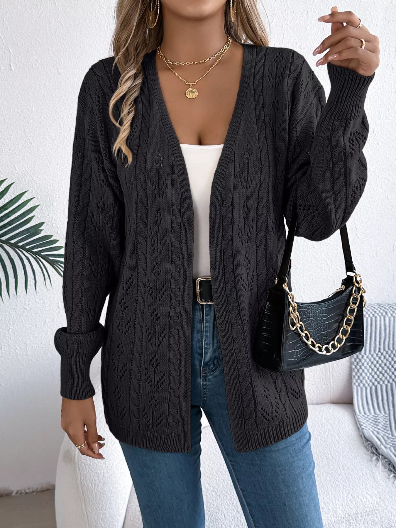 Openwork Open Front Long Sleeve Cardigan - Be Bliss Boutique