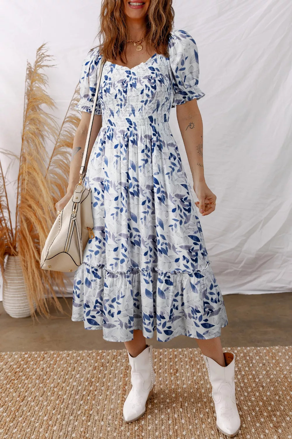 Smocked Bodice Short Puff Sleeve Tiered Floral Midi Dress - Be Bliss Boutique