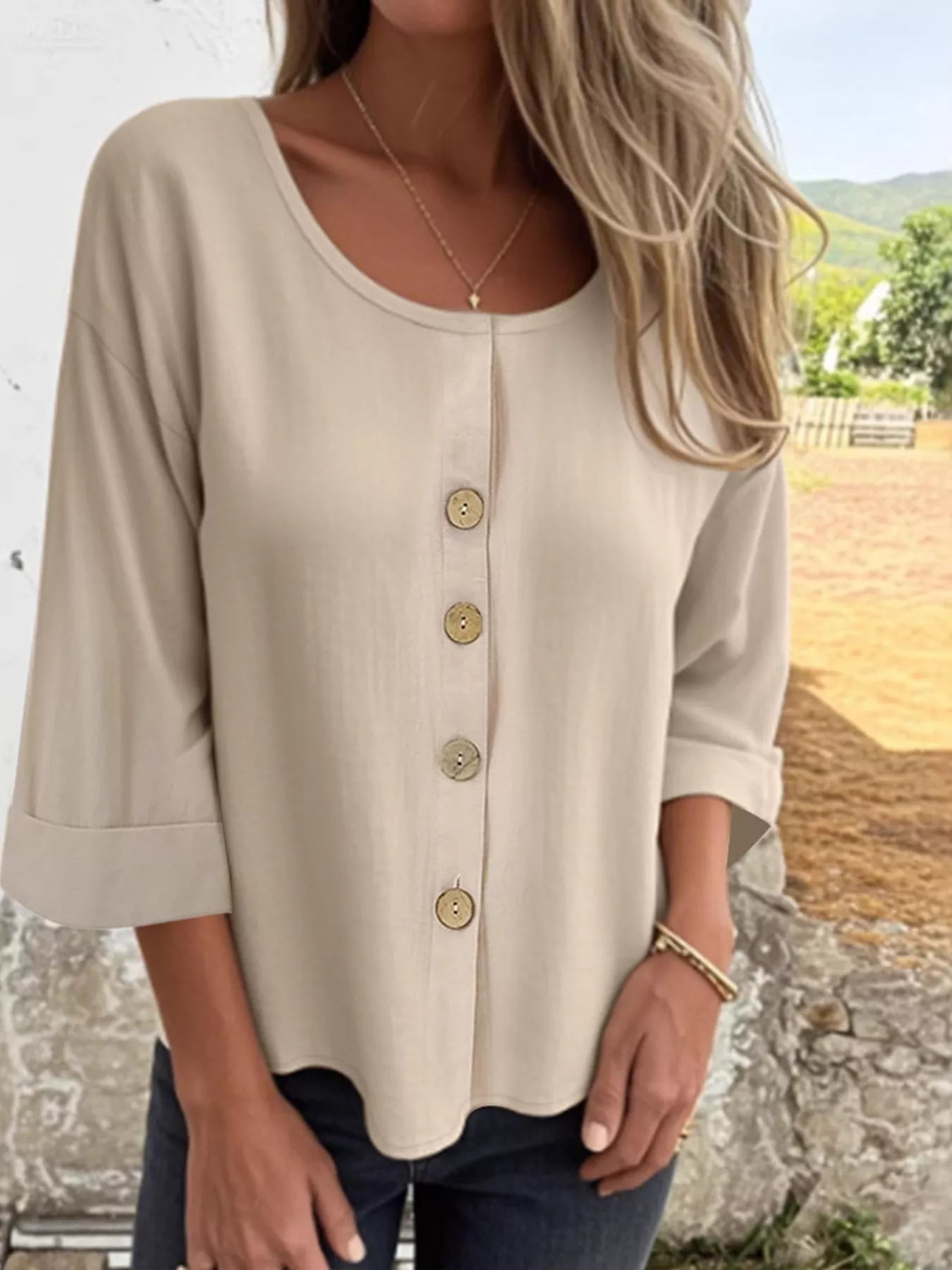 Full Size Button-Front 3/4 Sleeve Casual Blouse Plus Size -  Be Bliss Boutique