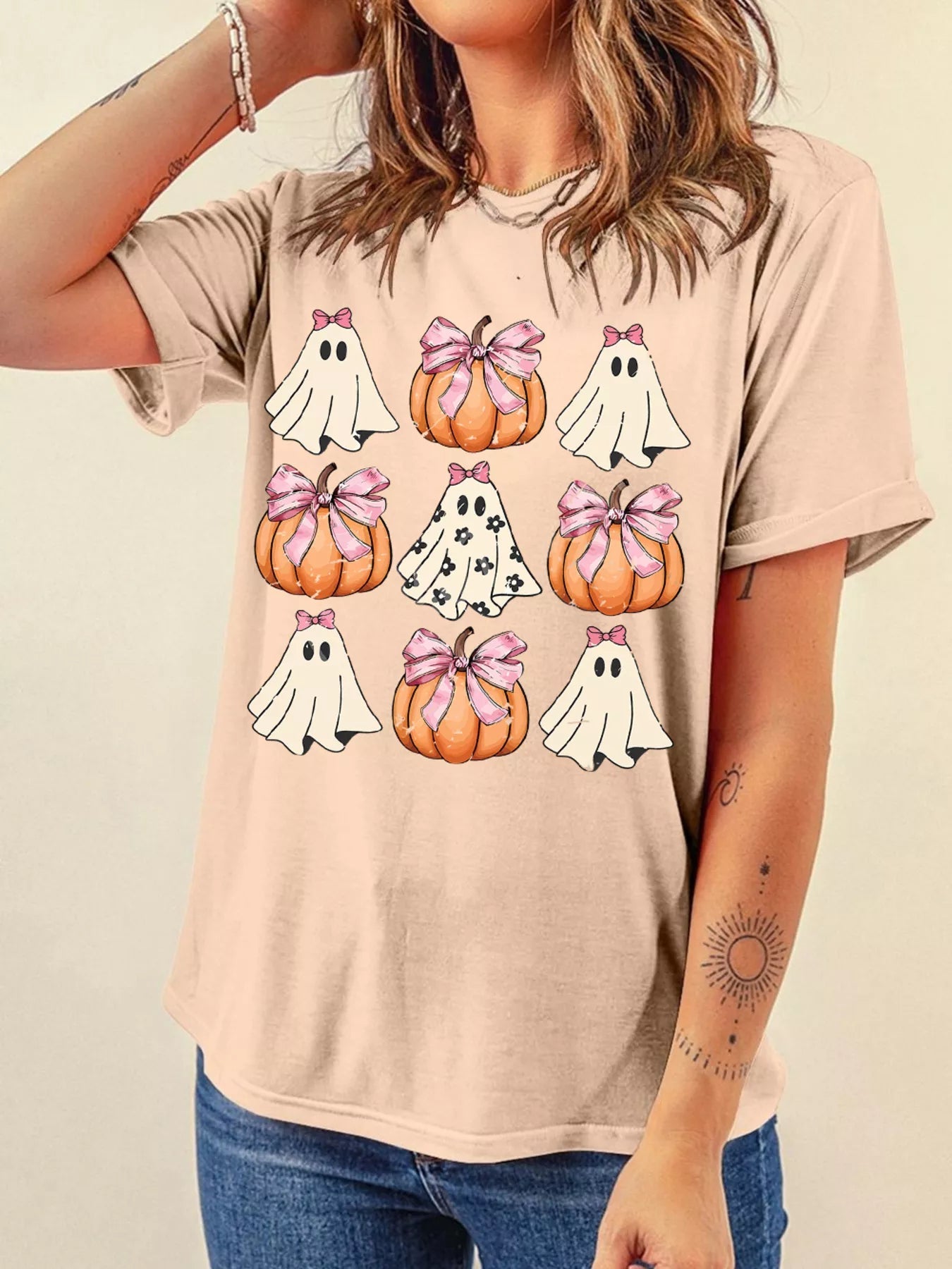 Halloween Bowknot Ghost Pumpkin Graphic T Shirt -  Be Bliss Boutique