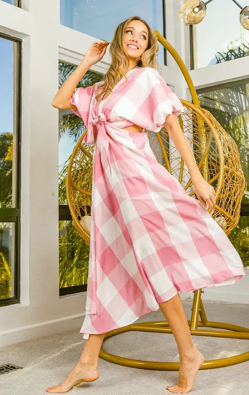 BiBi Front Tied Puff Sleeve Checkered Dress with Cut Out Detail -  Be Bliss Boutique