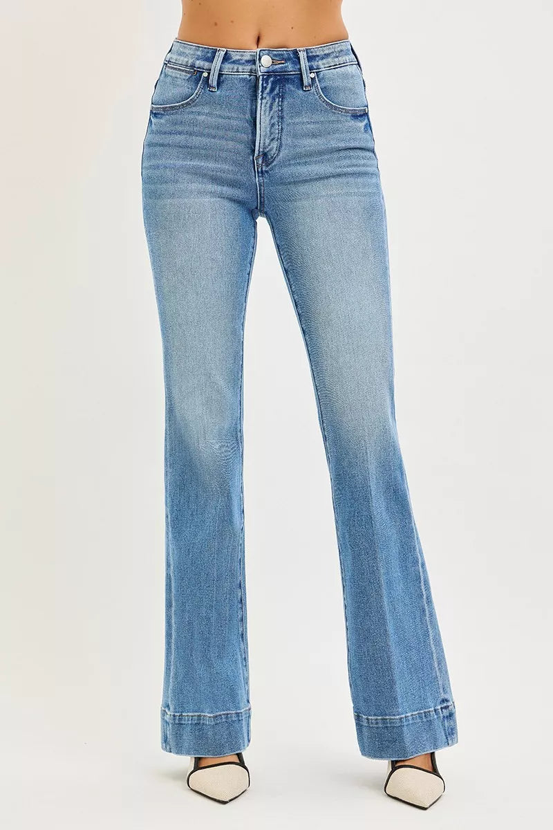 RISEN Jeans - Tummy Control 4 Way Stretch Mid Rise Flare Jeans - Be Bliss Boutique