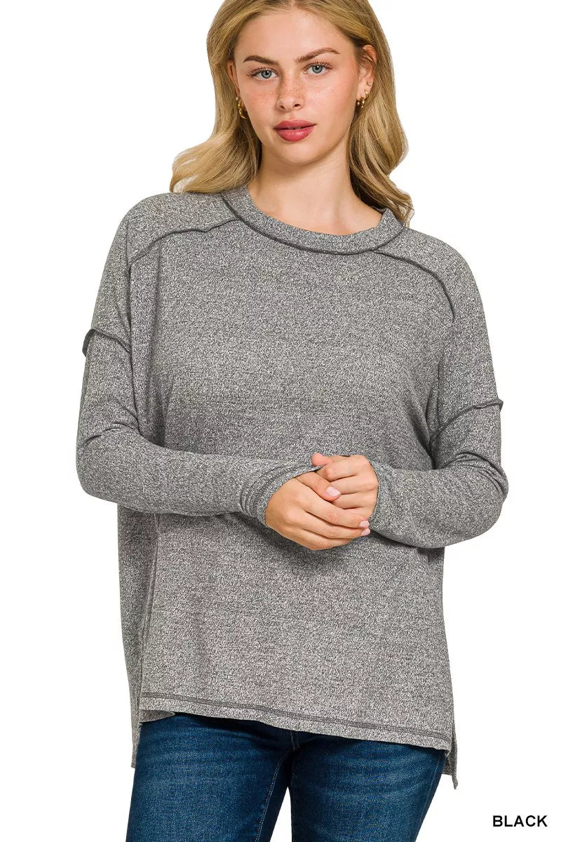 Zenana Full Size Melange Hacci Exposed Seam Hi-low Tee Plus Size - Be Bliss Boutique