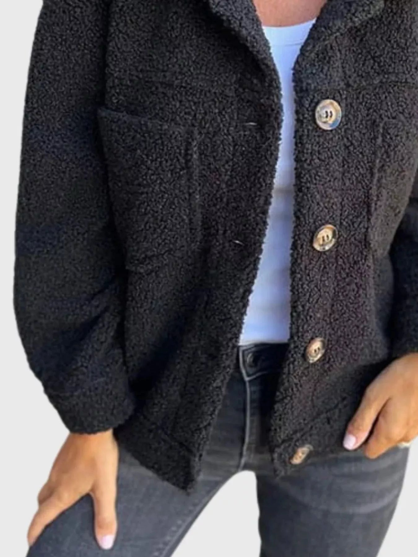 Full Size Single-Breasted Sherpa Shacket Plus Size - Be Bliss Boutique