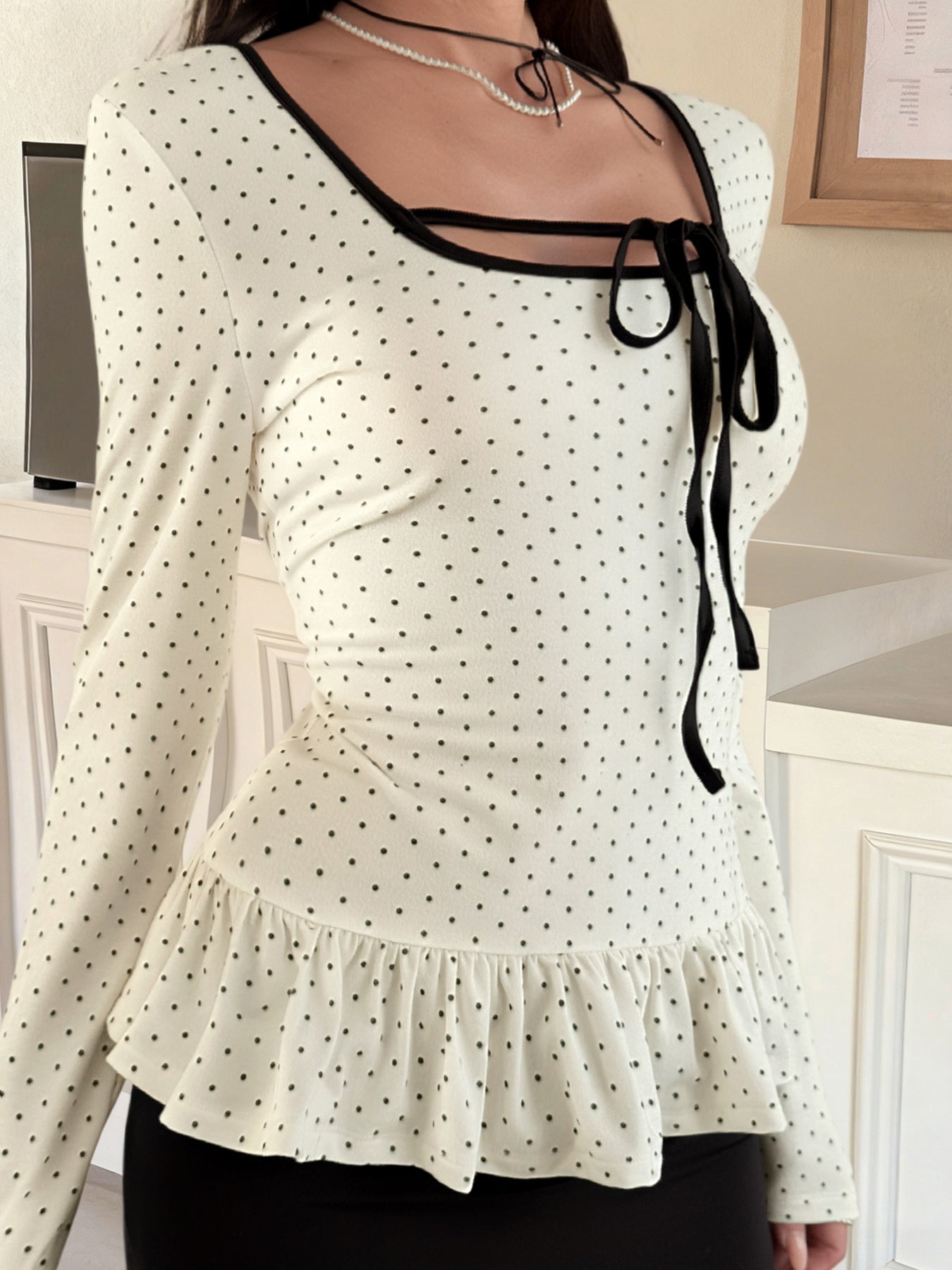 Polka Dot Ruffle Trim Tie Front Long Sleeve Top - Be Bliss Boutique