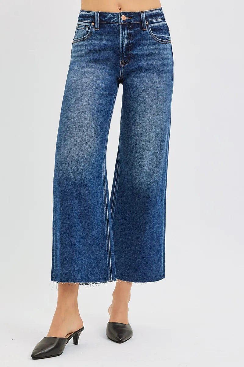 RISEN Full Size Mid Rise Crop Wide Raw Cut Hem Jeans Plus Size -  Be Bliss Boutique