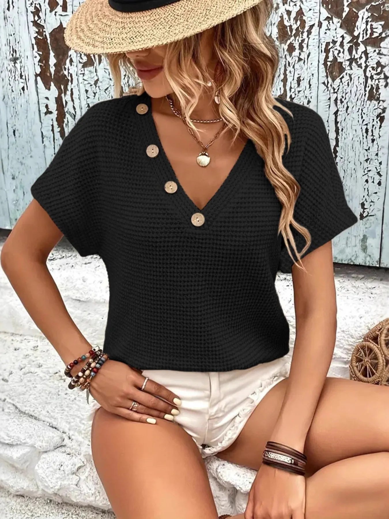 V-Neck Textured Knit T-Shirt -  Be Bliss Boutique