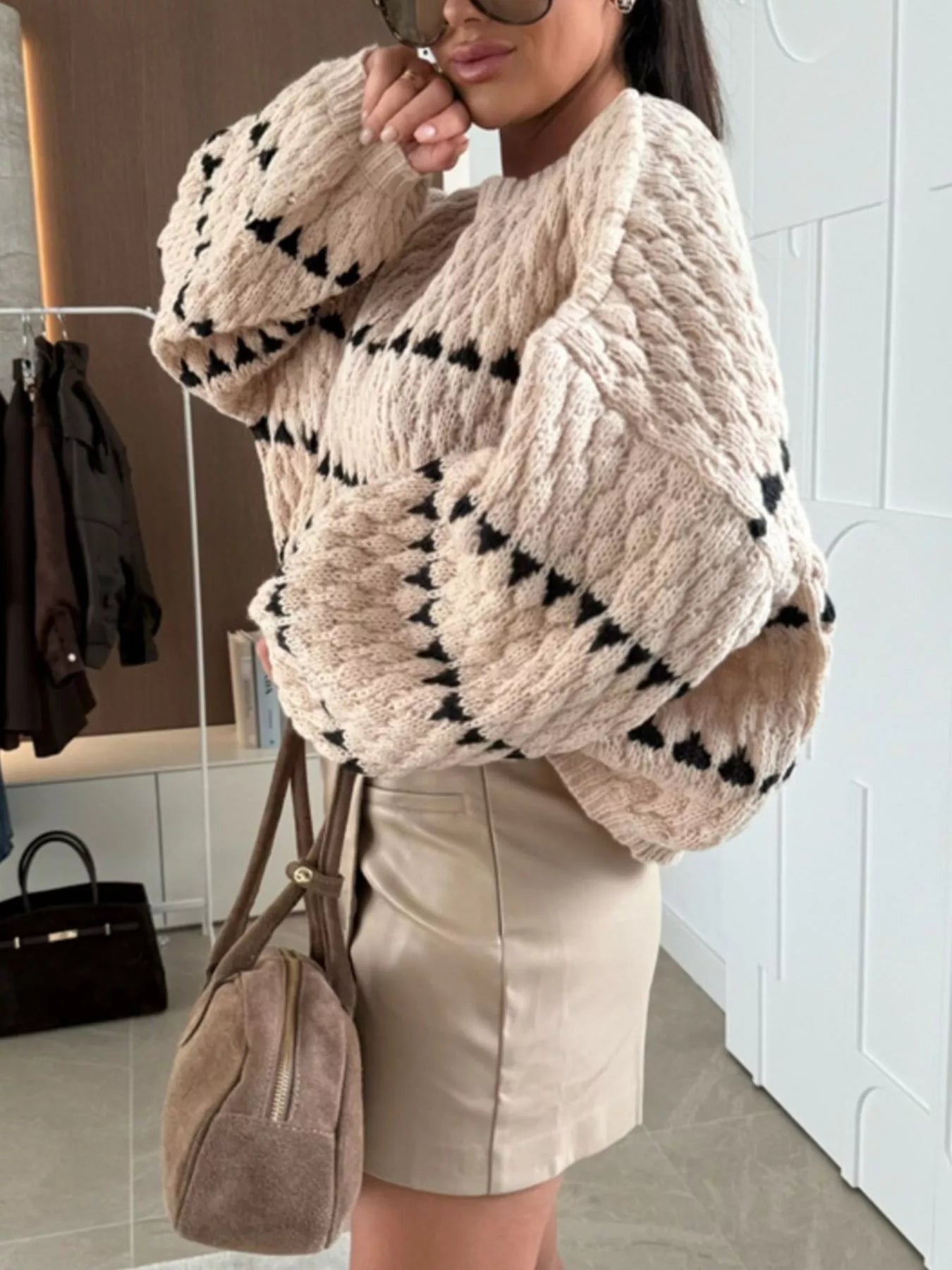 Chunky Knit Striped Sweater with Balloon Sleeves -  Be Bliss Boutique