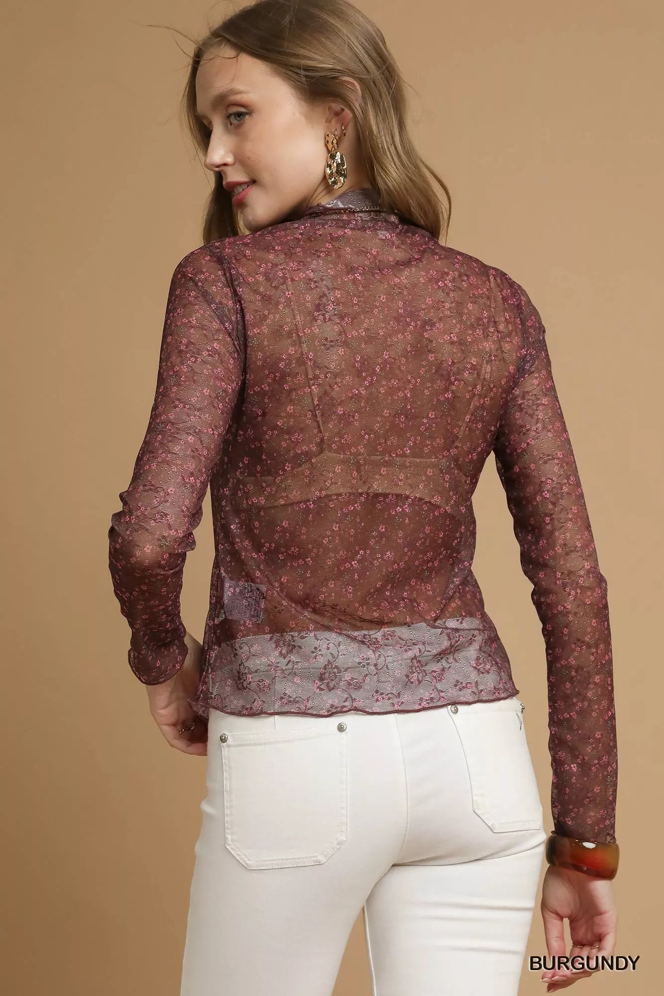 Umgee Nylon Lace Mesh Long Sleeve Top -  Be Bliss Boutique