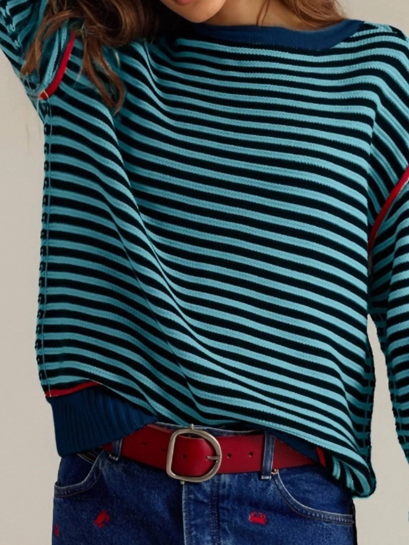 Striped Round Neck Long Sleeve Sweater -  Be Bliss Boutique