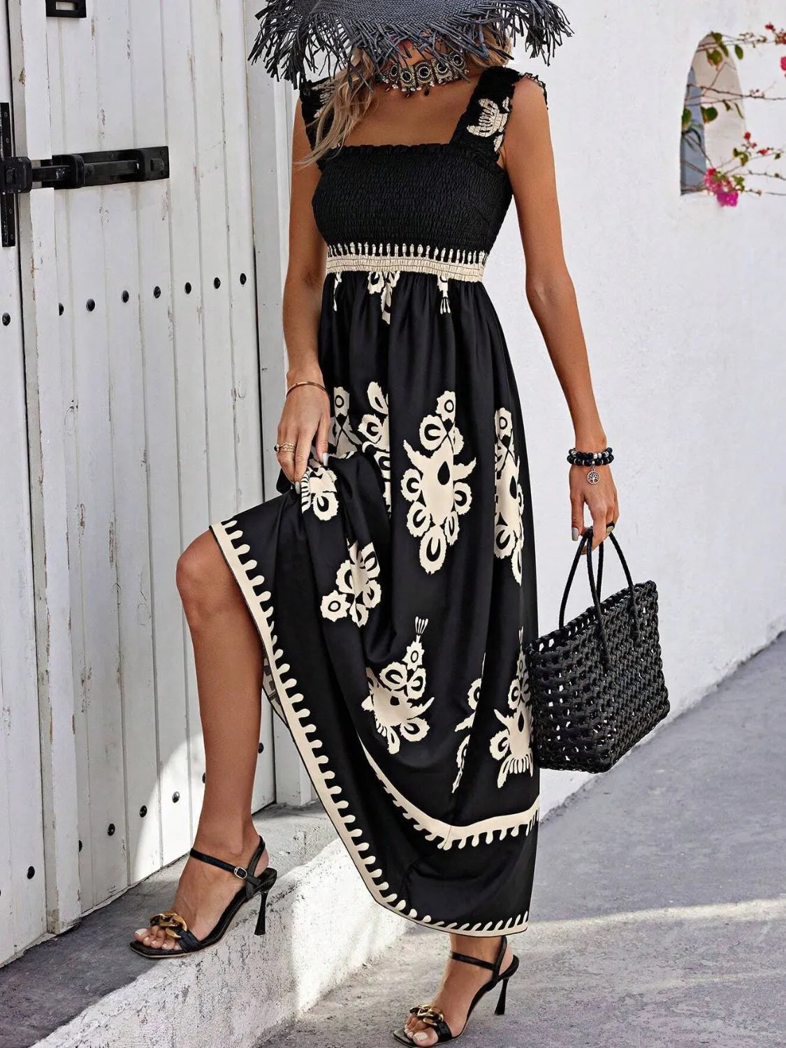 Smocked Printed Wide Strap Maxi Dress - Be Bliss Boutique