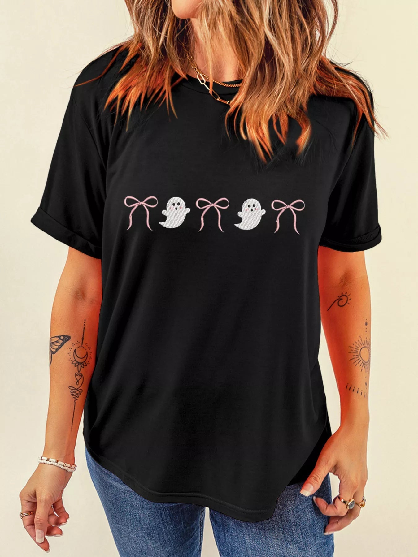 Halloween Ghost Bow Graphic Short Sleeve T-Shirt -  Be Bliss Boutique
