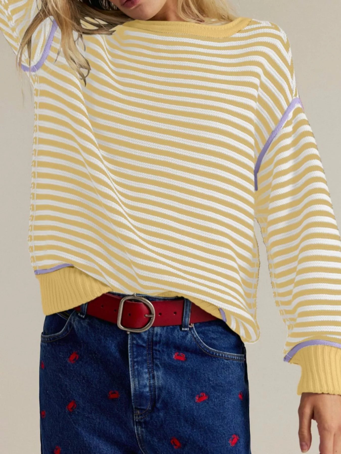 Striped Round Neck Long Sleeve Sweater -  Be Bliss Boutique