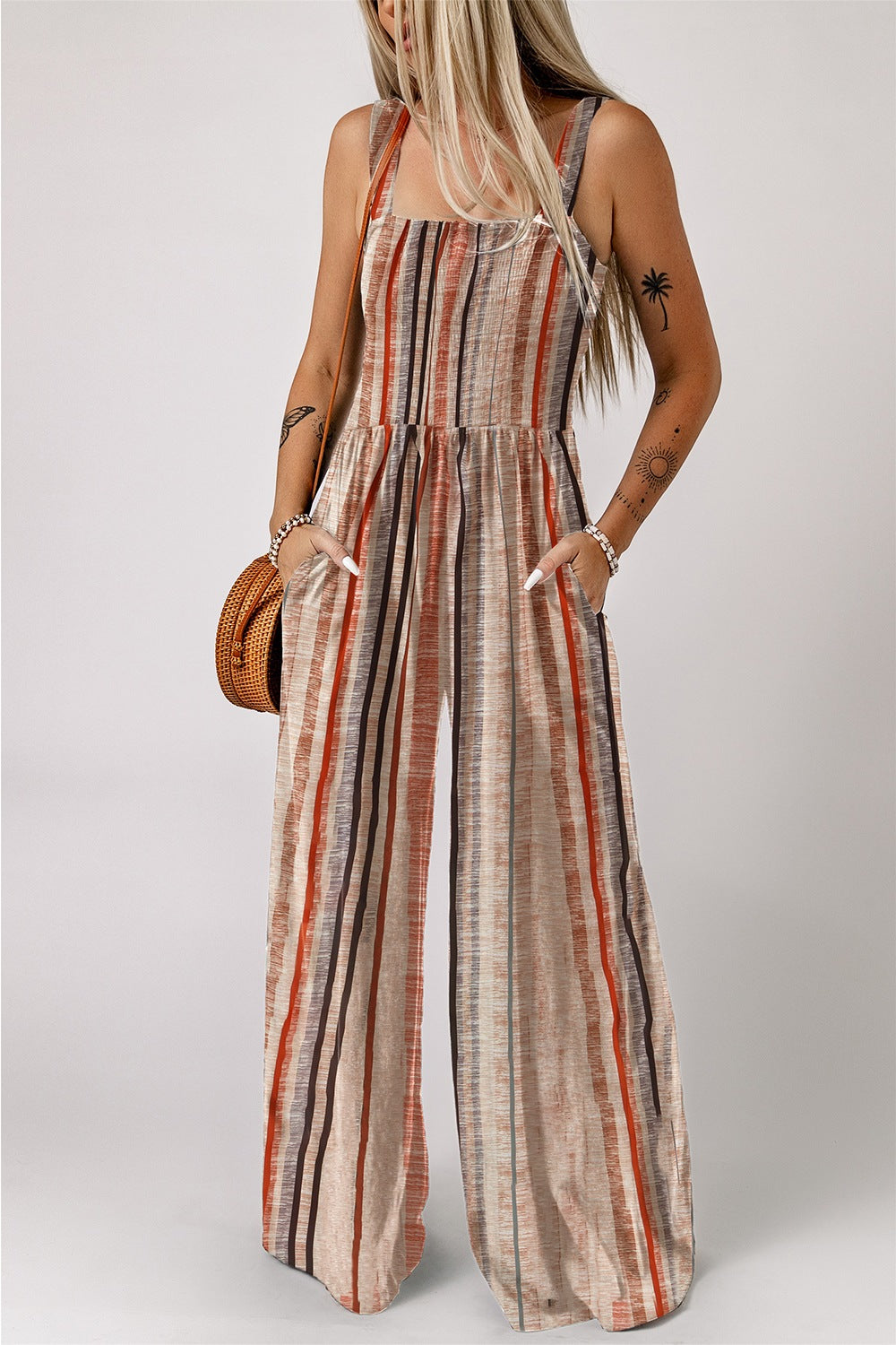 Stripe Square Neck Sleeveless Smocked Bodice Wide Leg Jumpsuit - Be Bliss Boutique
