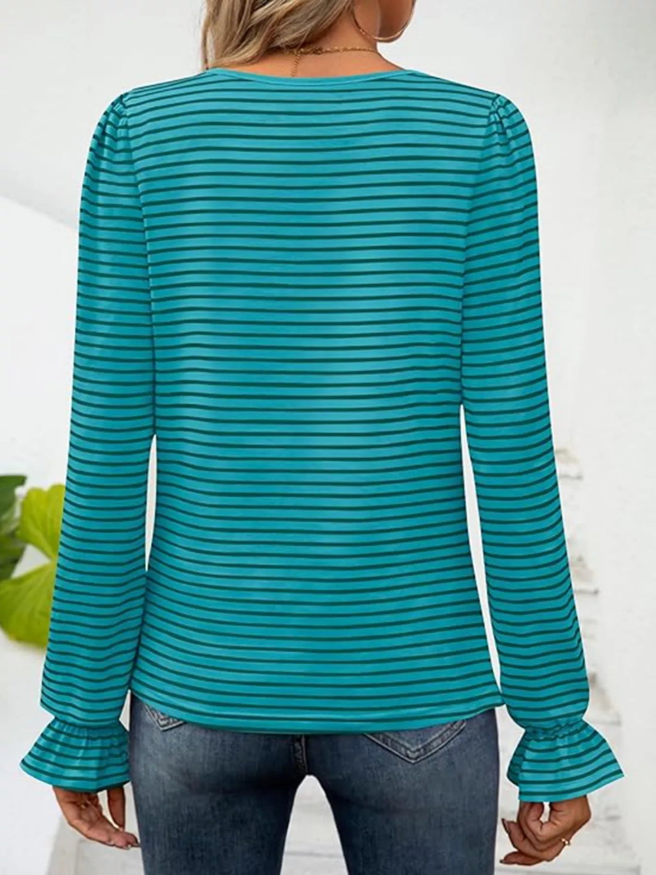 Striped Long Sleeve T-Shirt with Square Neckline - Be Bliss Boutique