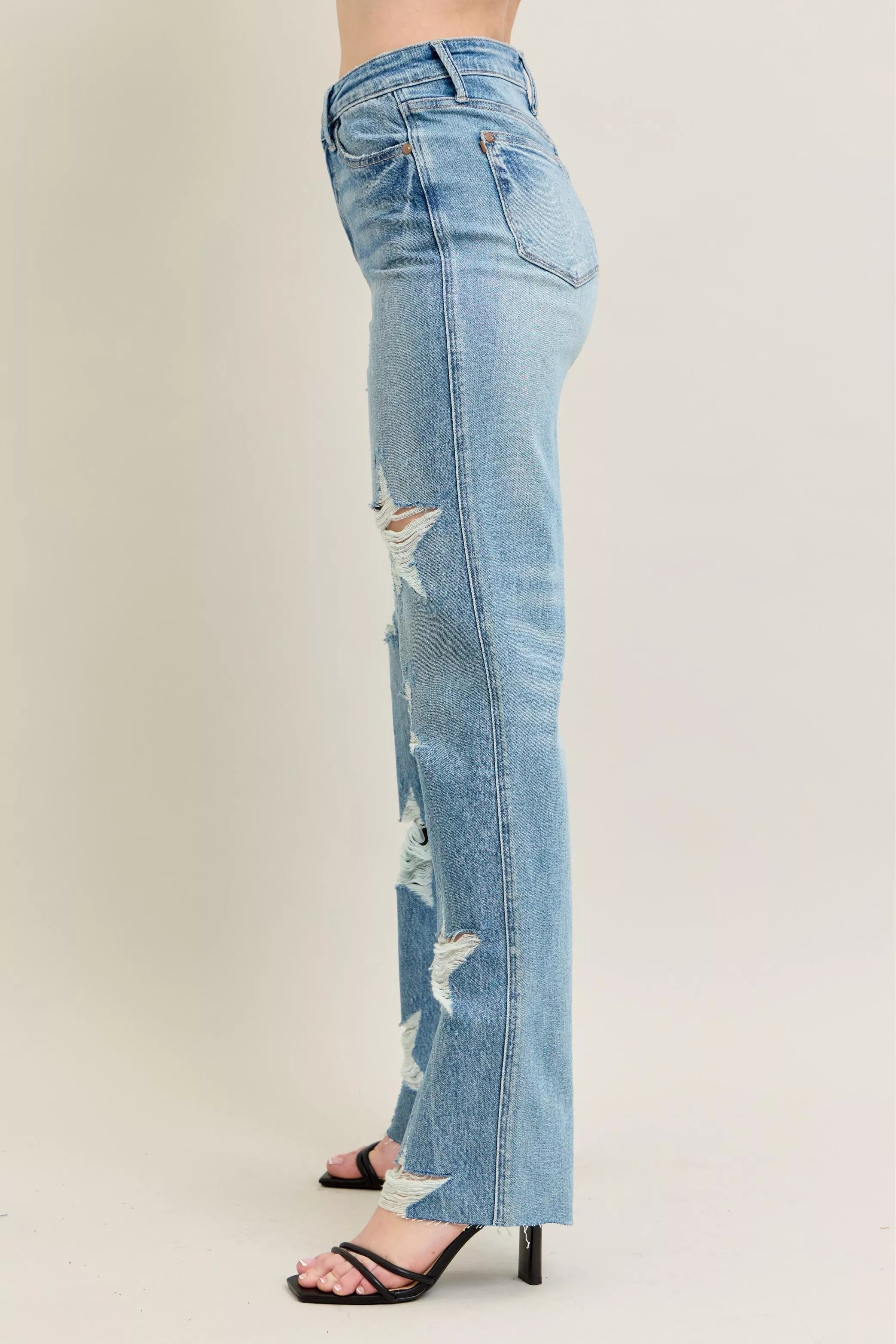 Judy Blue Full Size High Waist  Rigid Magic Star Shaped Destroy 90's Straight Jeans Plus Size - Be Bliss Boutique