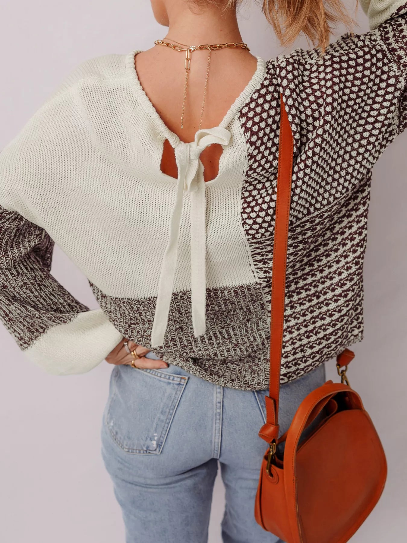 Color Block Back Tie Drop Shoulder Loose Sweater -  Be Bliss Boutique