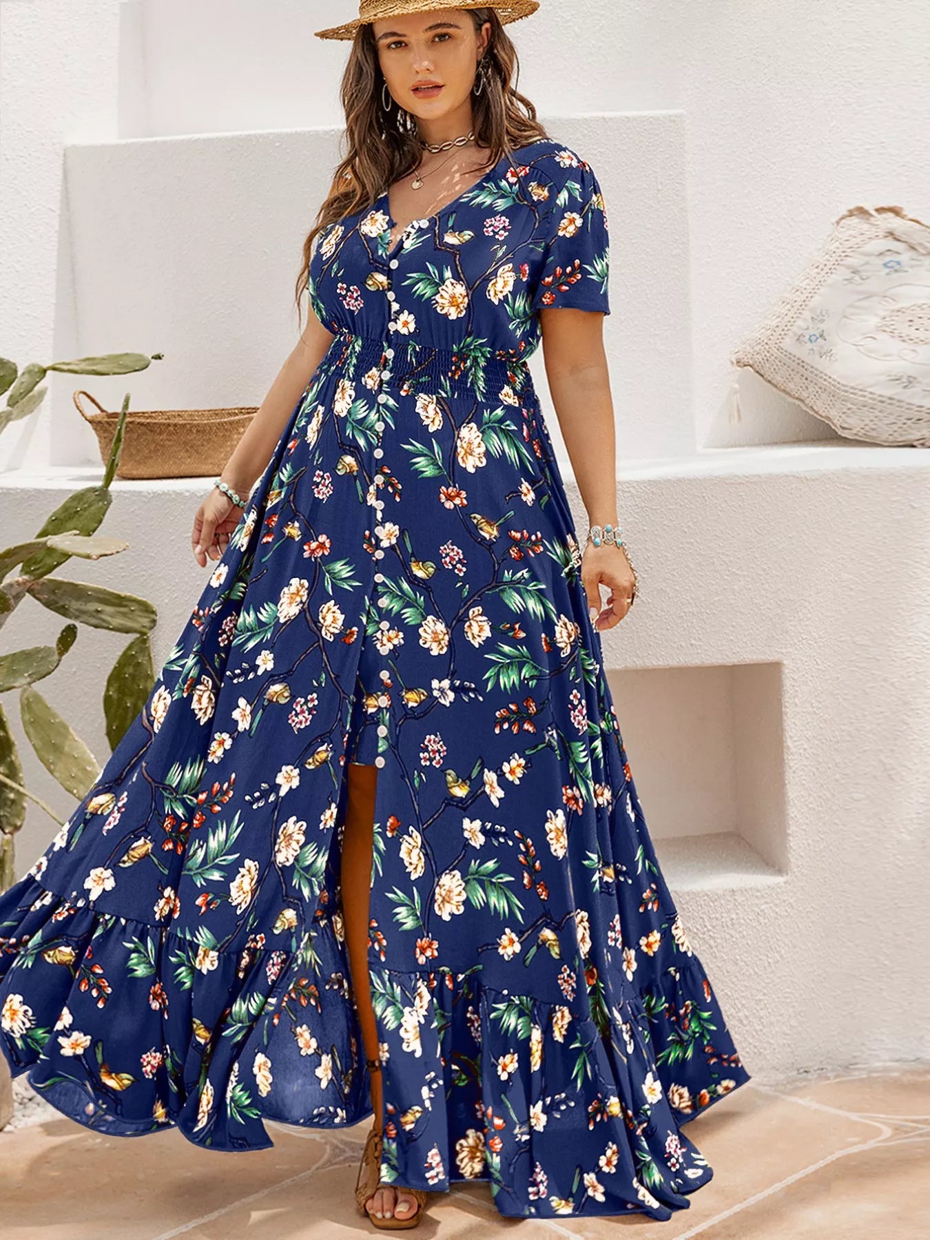 Plus Size Floral V-Neck Short Sleeve Maxi Dress - Be Bliss Boutique