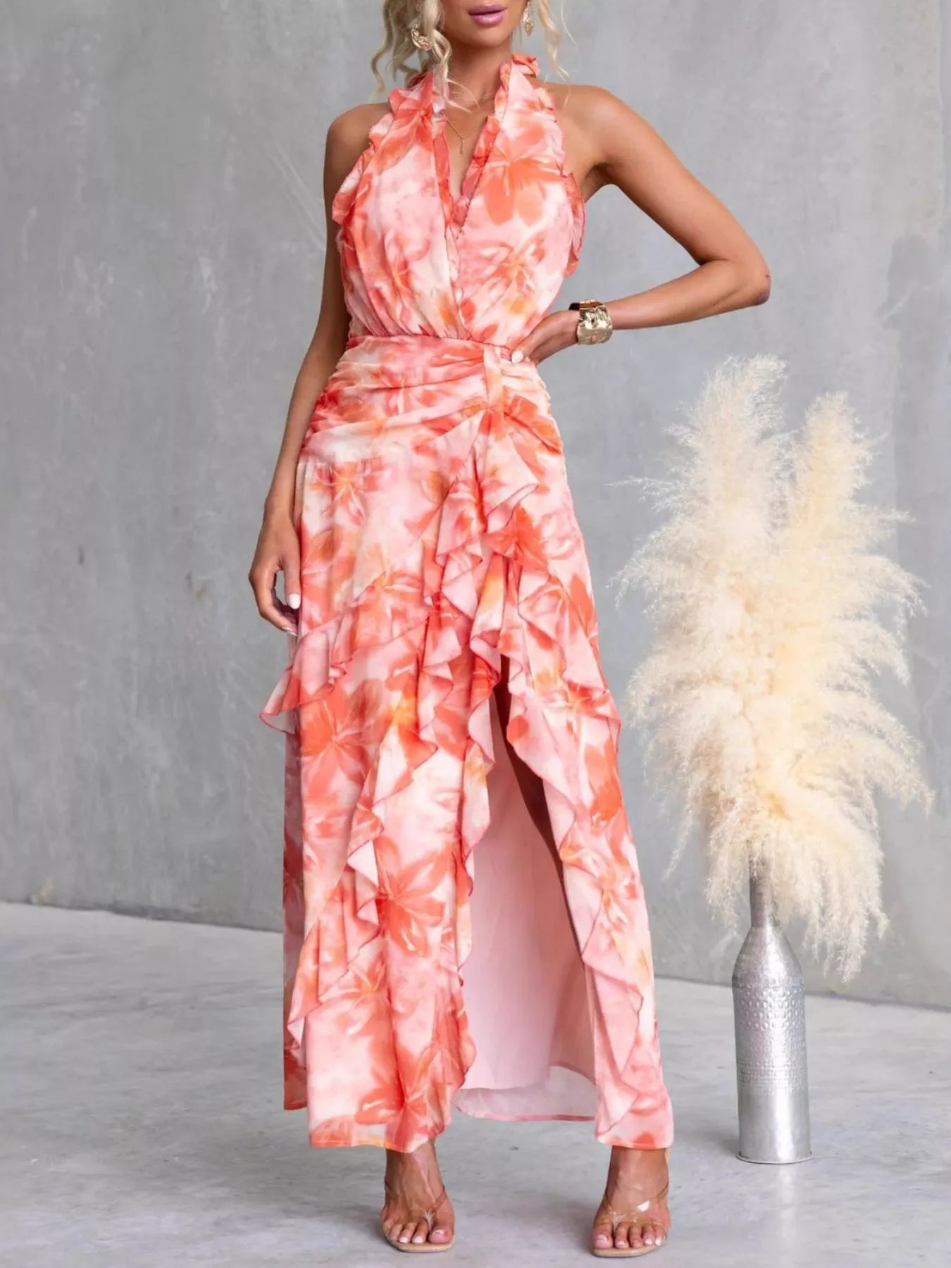 Floral Print Ruffle Halter Neck Maxi Dress - Be Bliss Boutique
