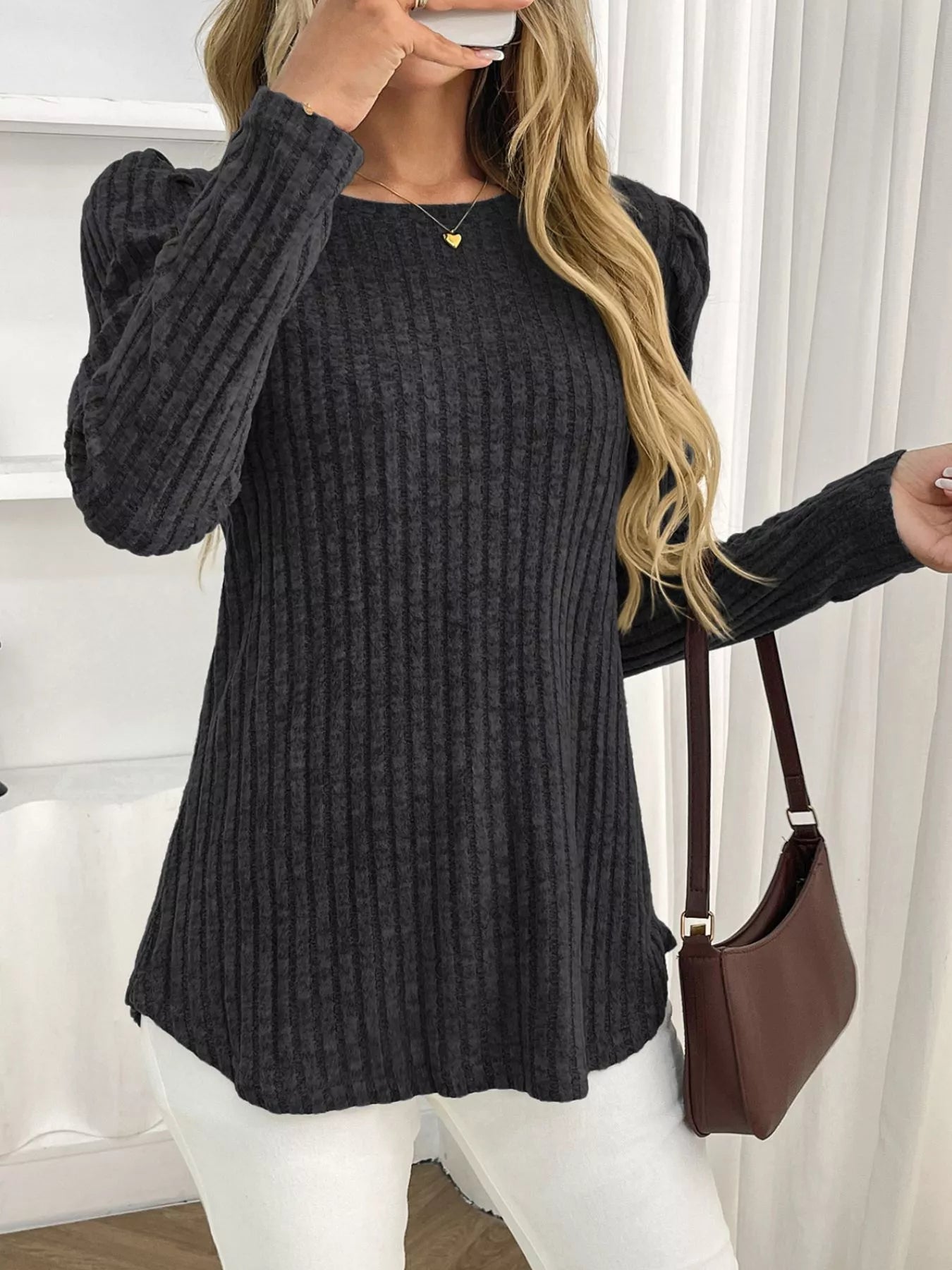 Round Neck Puff Sleeve T-Shirt - Be Bliss Boutique