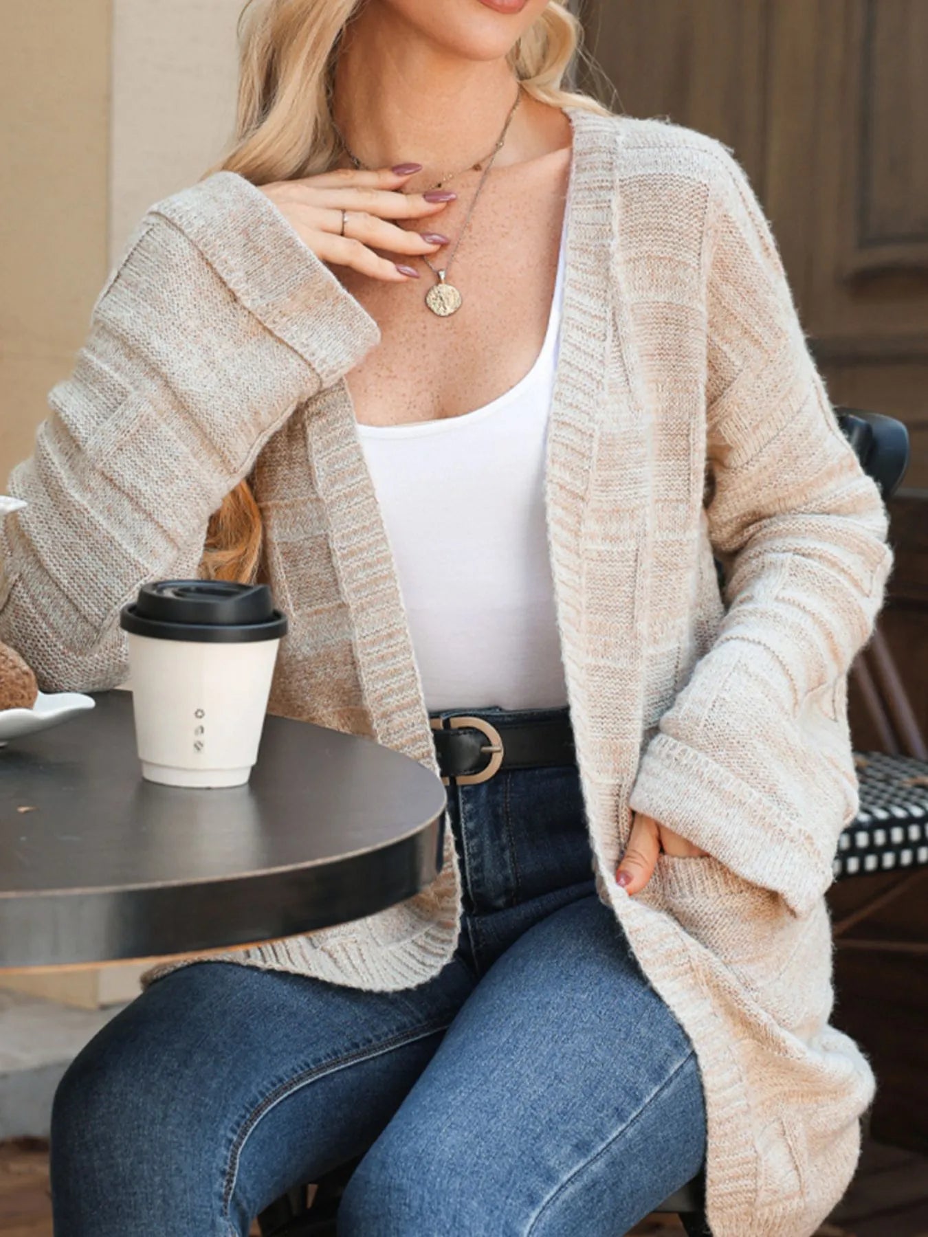Textured Knit Open Front Cardigan with Pockets -  Be Bliss Boutique