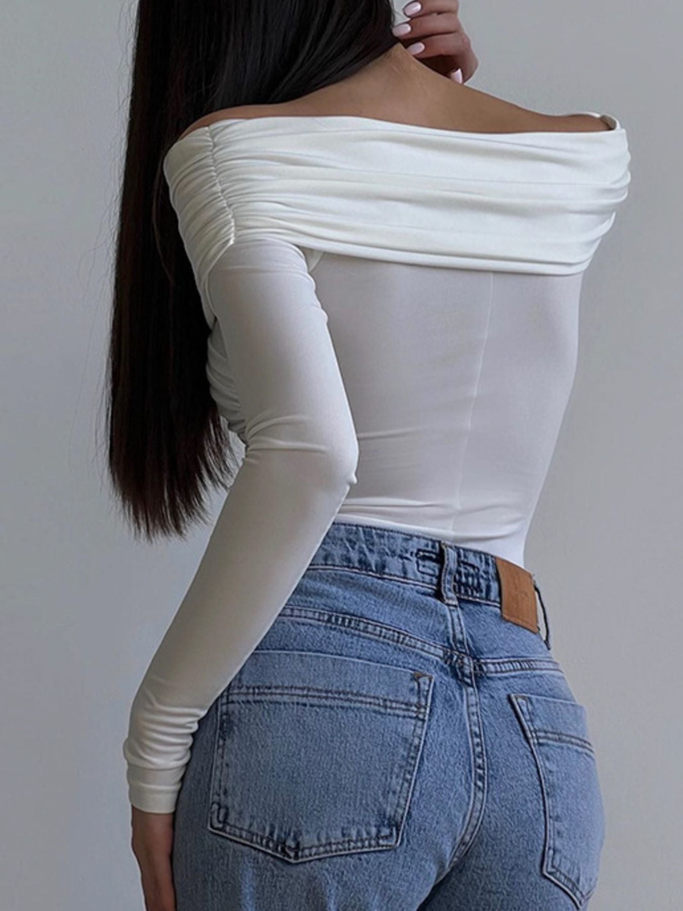 Off-Shoulder Ruched Long Sleeve Bodysuit - Be Bliss Boutique