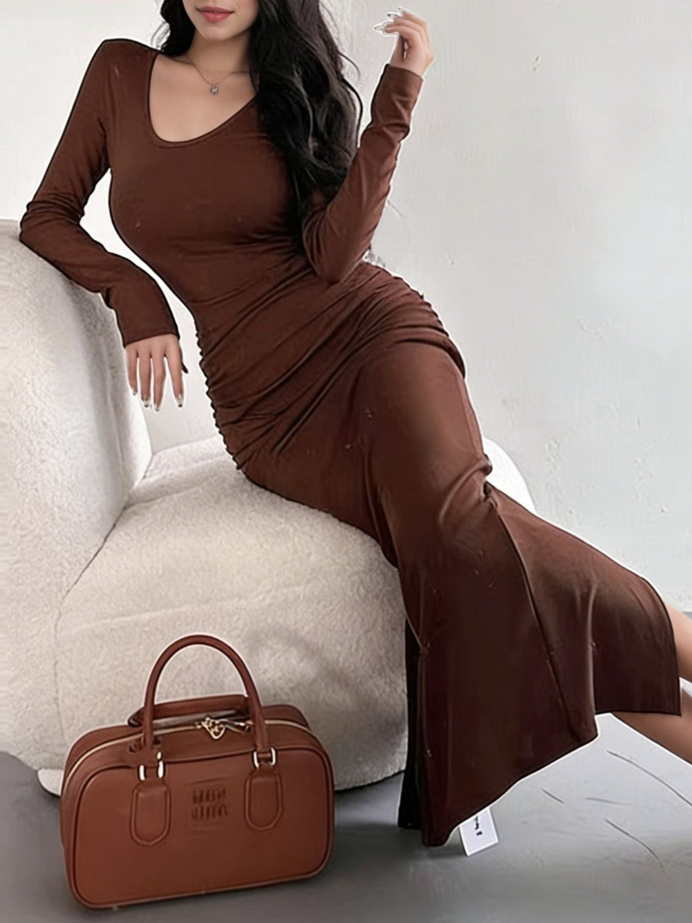 Ruched Slit Long Sleeve Bodycon Maxi Dress - Be Bliss Boutique