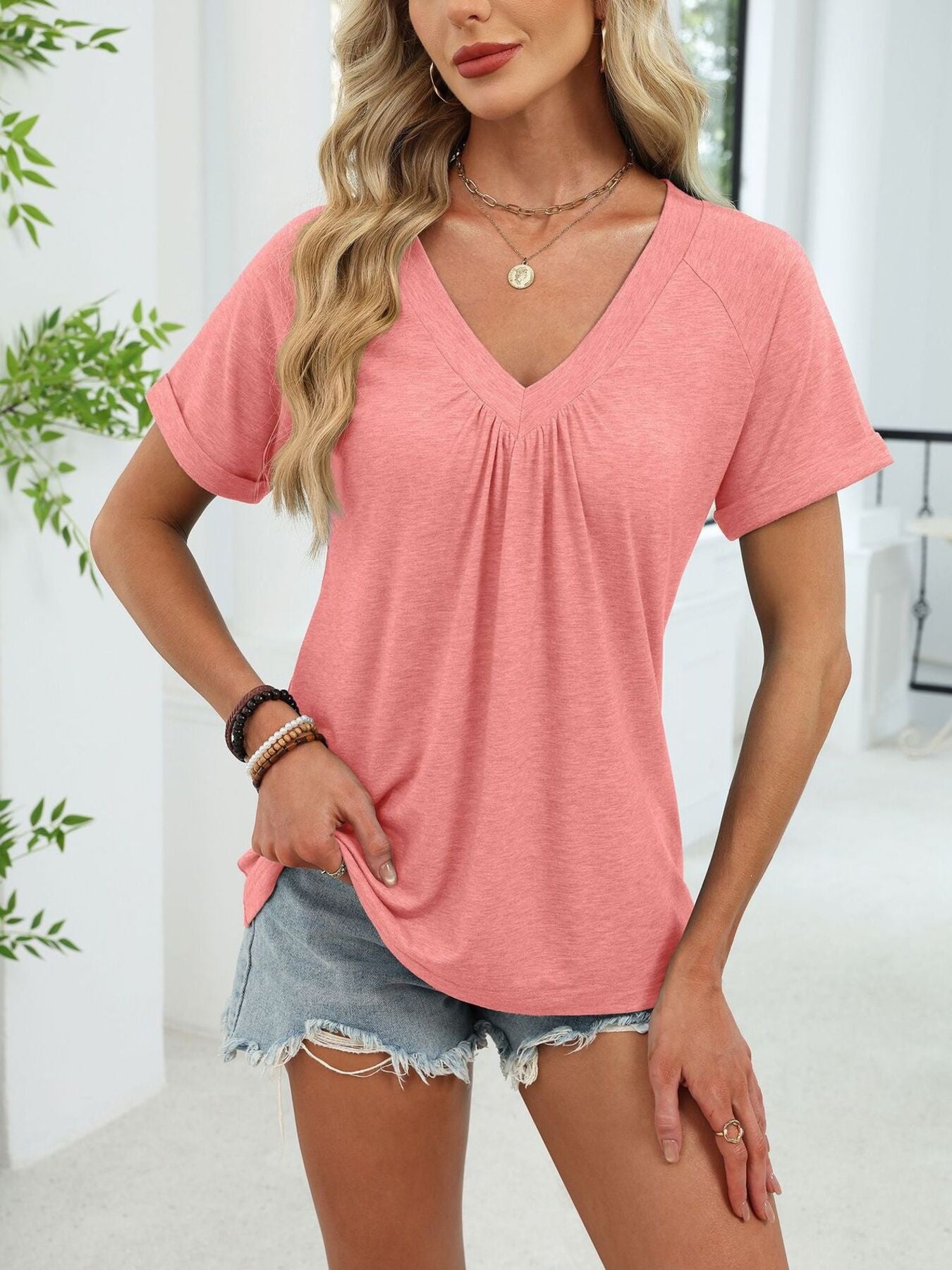 Women's Casual Ruched V Neck Short Sleeve T Shirt - Be Bliss Boutique