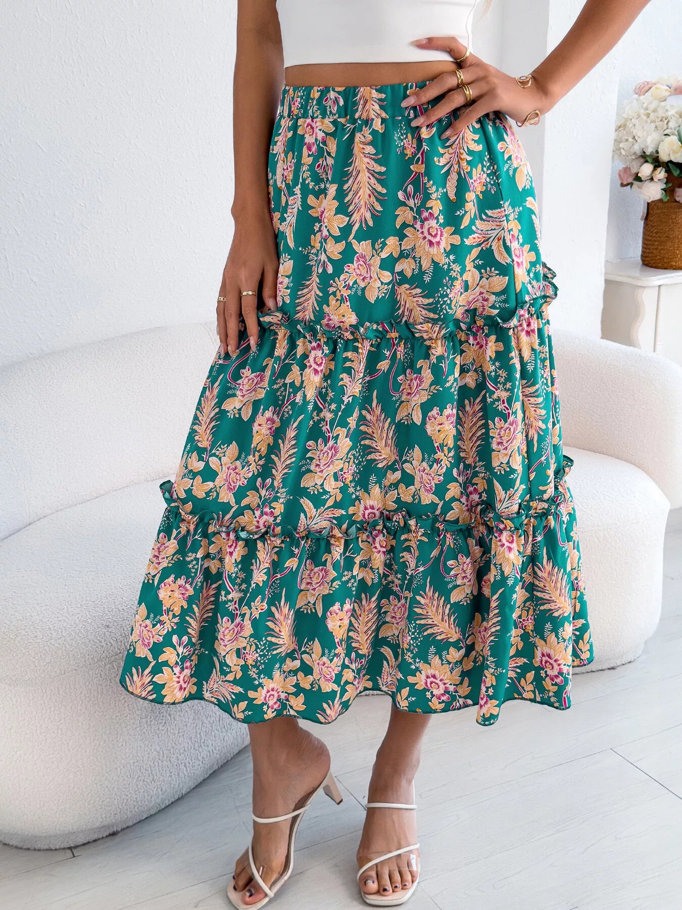 Floral Print Ruffle Hem Flowy Midi Skirt - Be Bliss Boutique