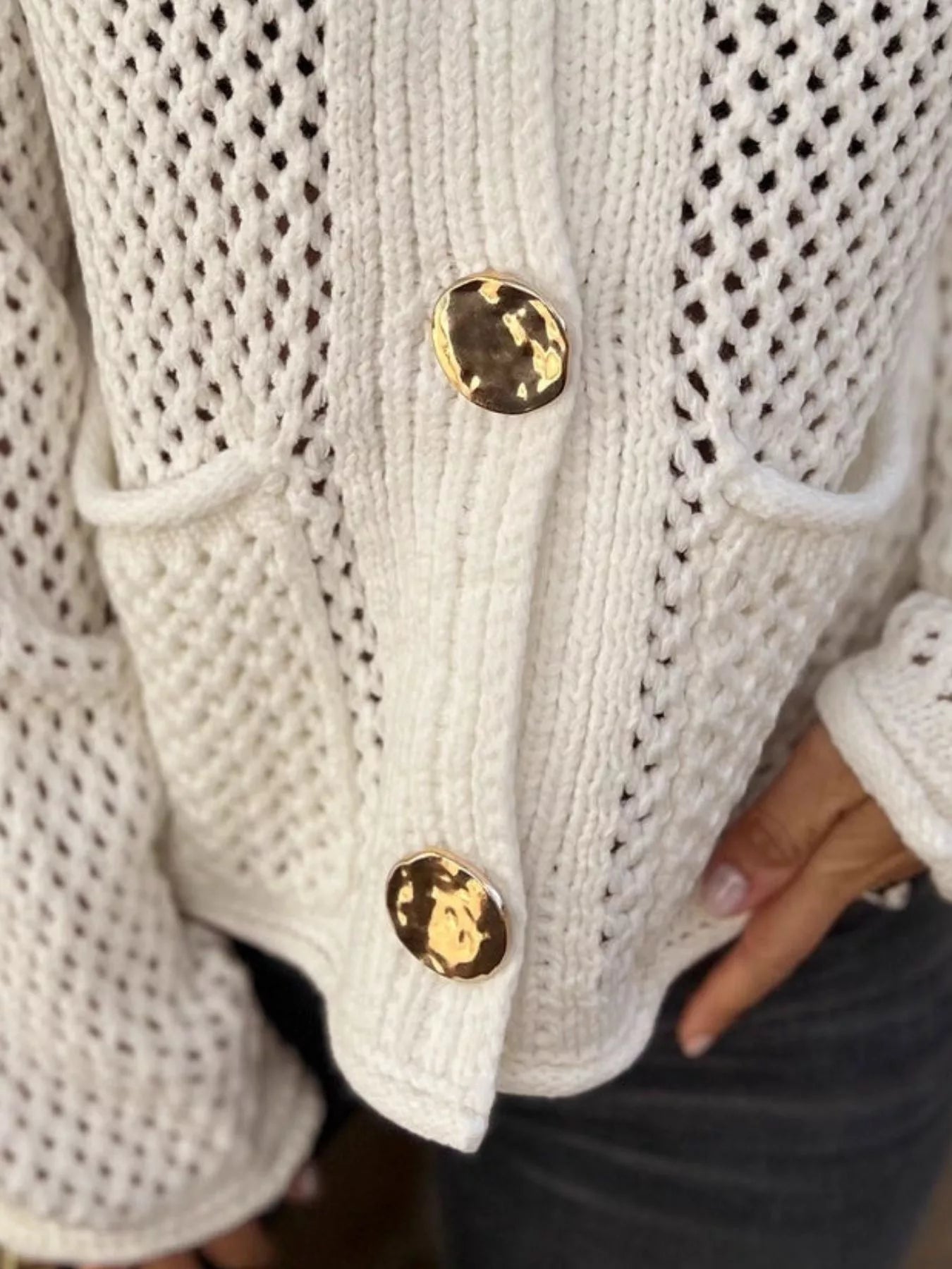 Crochet Button Up Long Sleeve Cardigan -  Be Bliss Boutique
