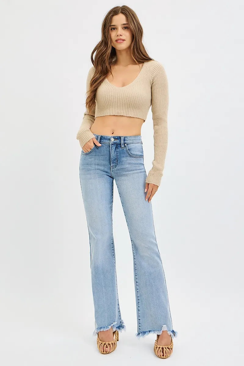RISEN Full Size Tummy Control Mid Rise Flare Jeans with Fray Hem Detailed Plus Size -  Be Bliss Boutique