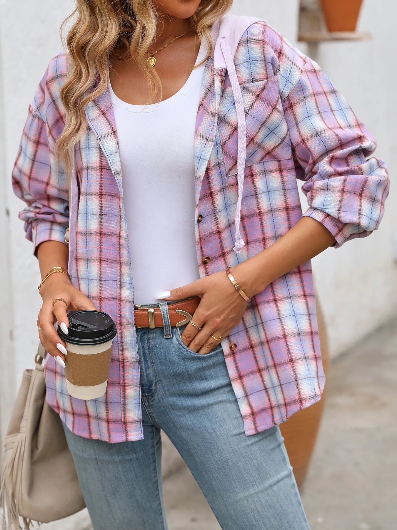Plaid Button-Up Hooded Shirt with Chest Pocket - Be Bliss Boutique