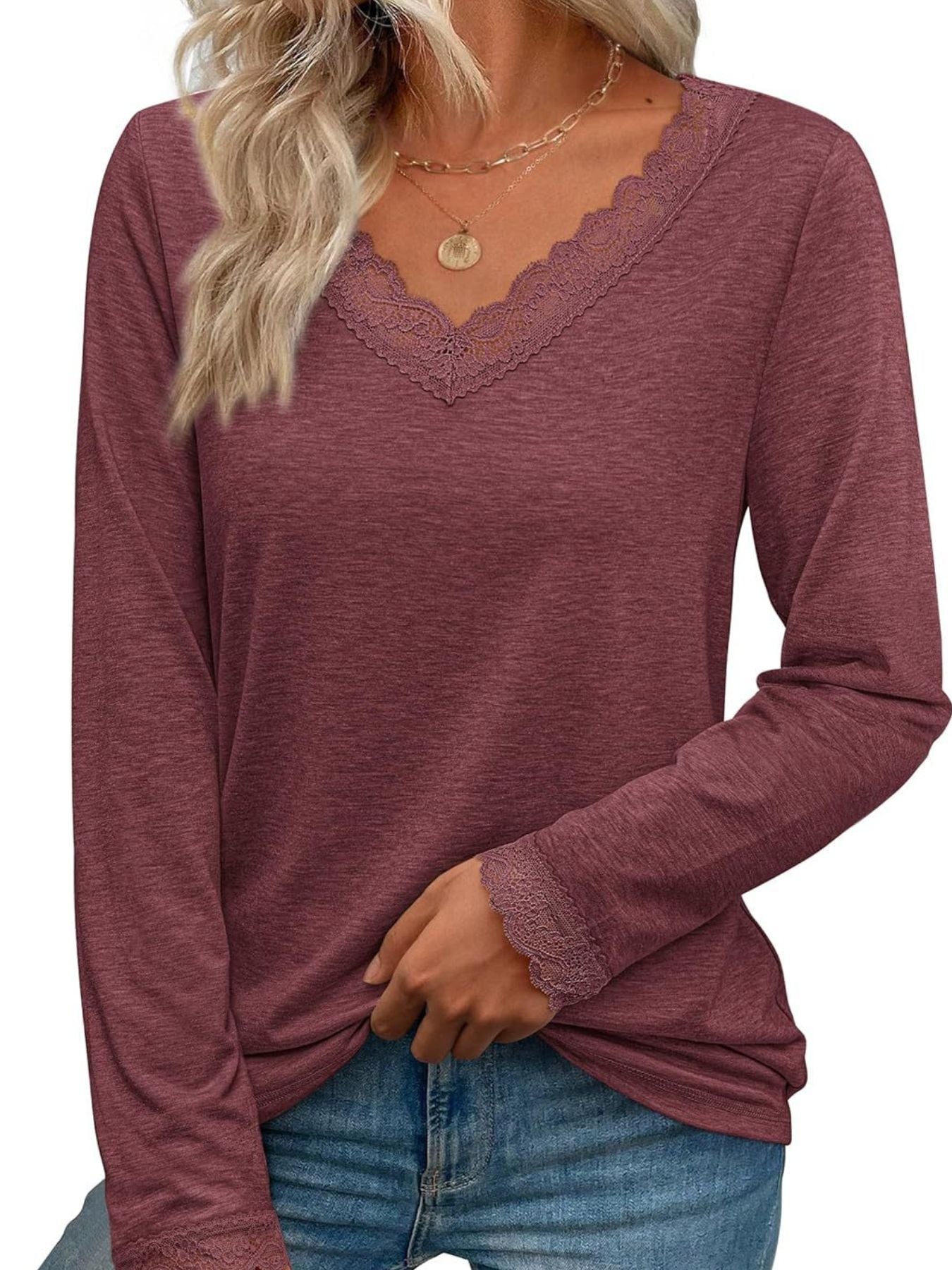 Women's Lace Trim V Neck Long Sleeve Top - Be Bliss Boutique
