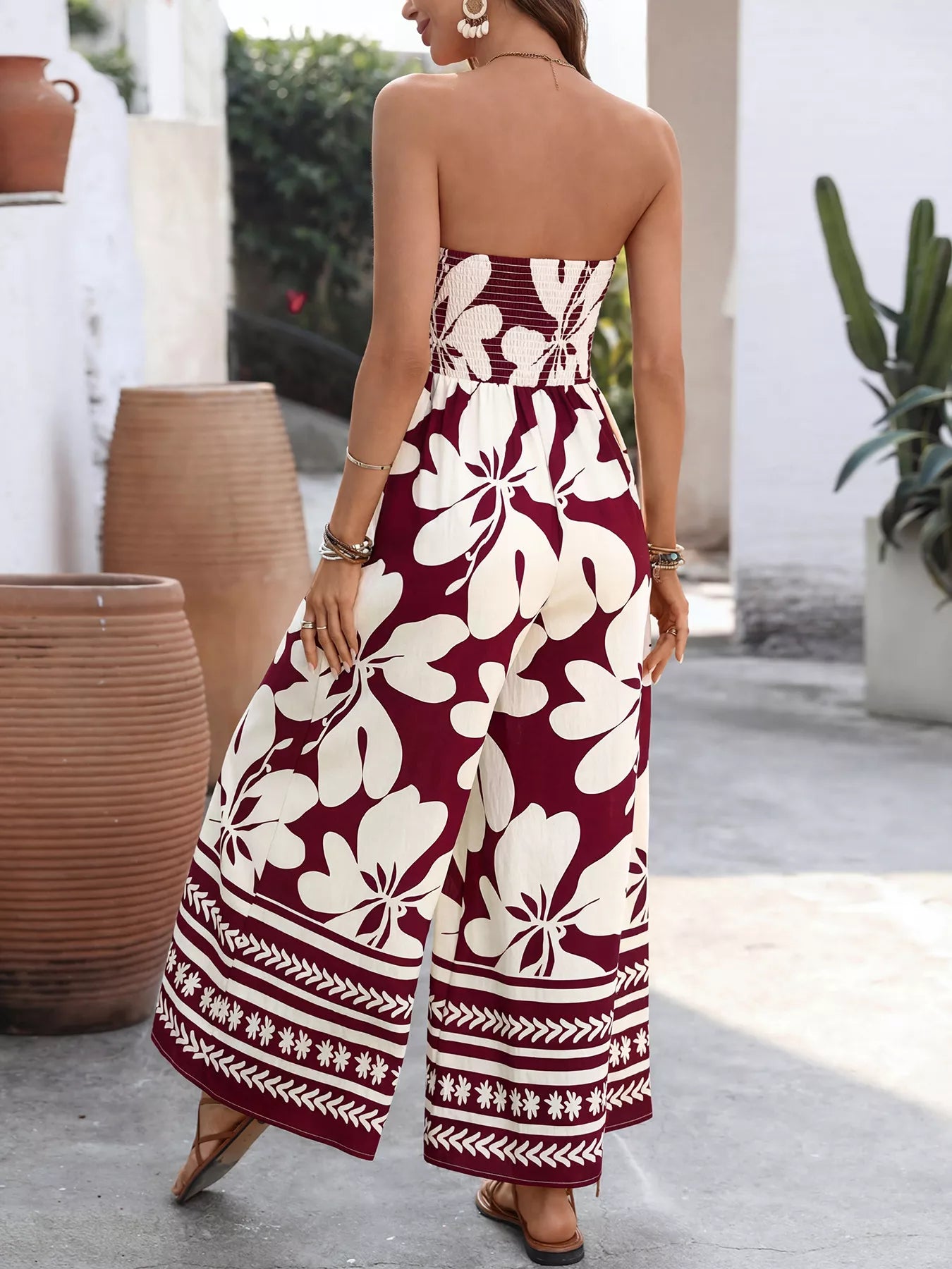 Floral Print Tie Front Strapless Wide Leg Jumpsuit - Be Bliss Boutique
