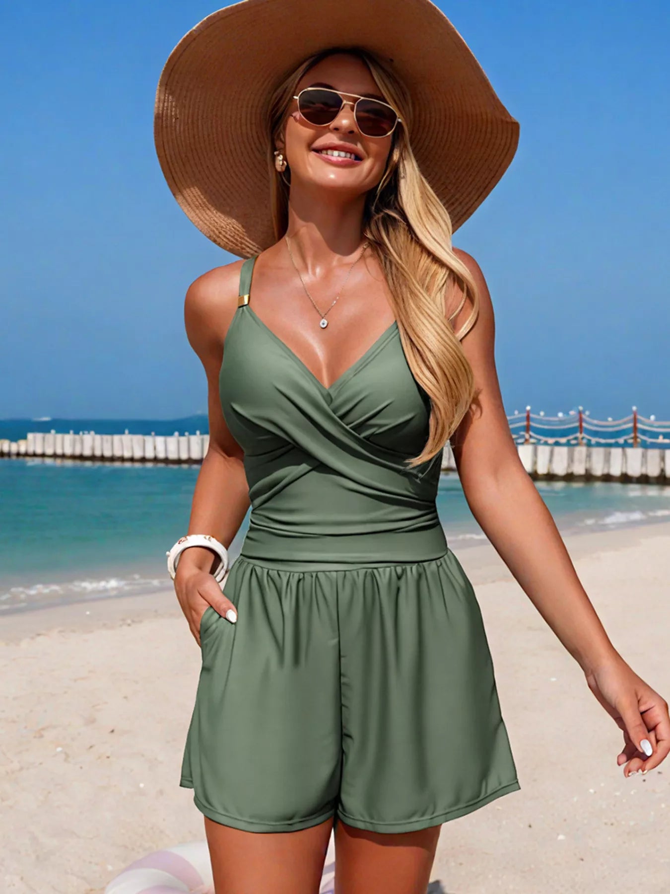 V Neck Spaghetti Strap One Piece Swimsuit - Be Bliss Boutique