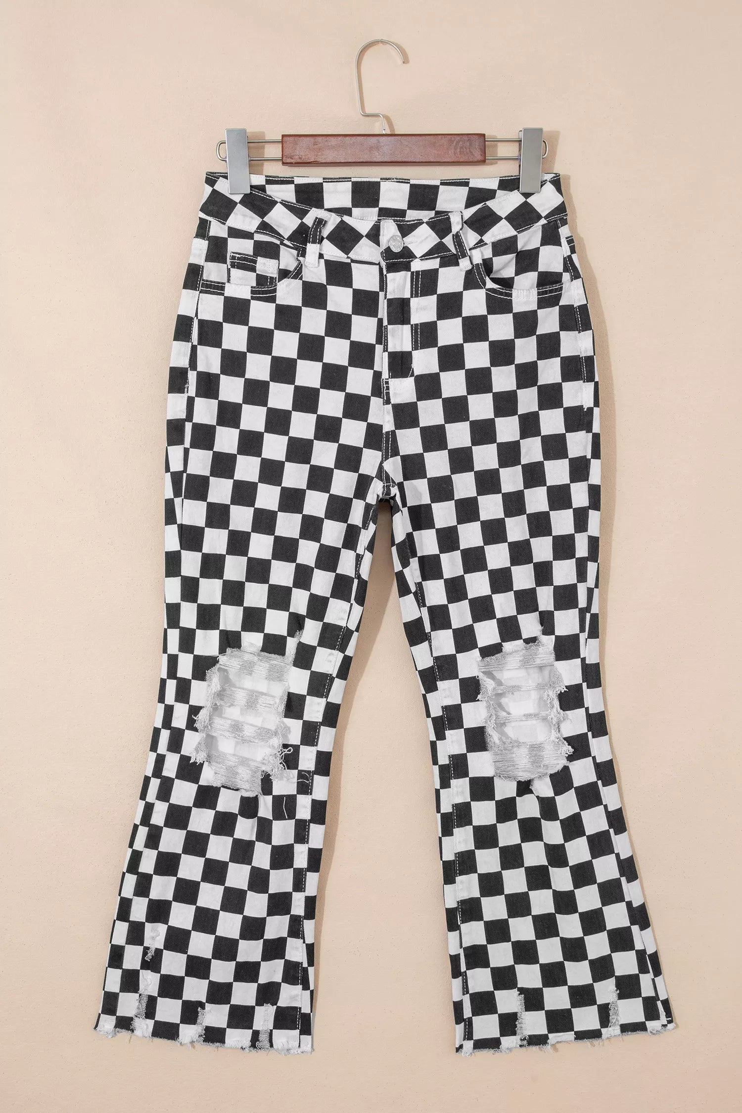Checkerboard Print Distressed Holes Raw Edge Cropped Jeans - Be Bliss Boutique