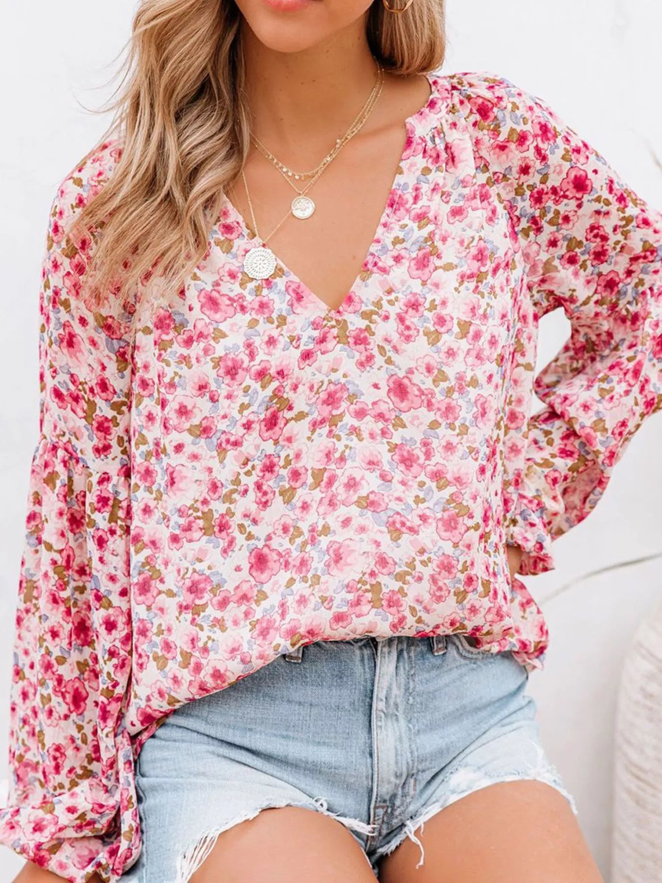 Full Size Floral Print V Neck Long Sleeve Blouse - Be Bliss Boutique