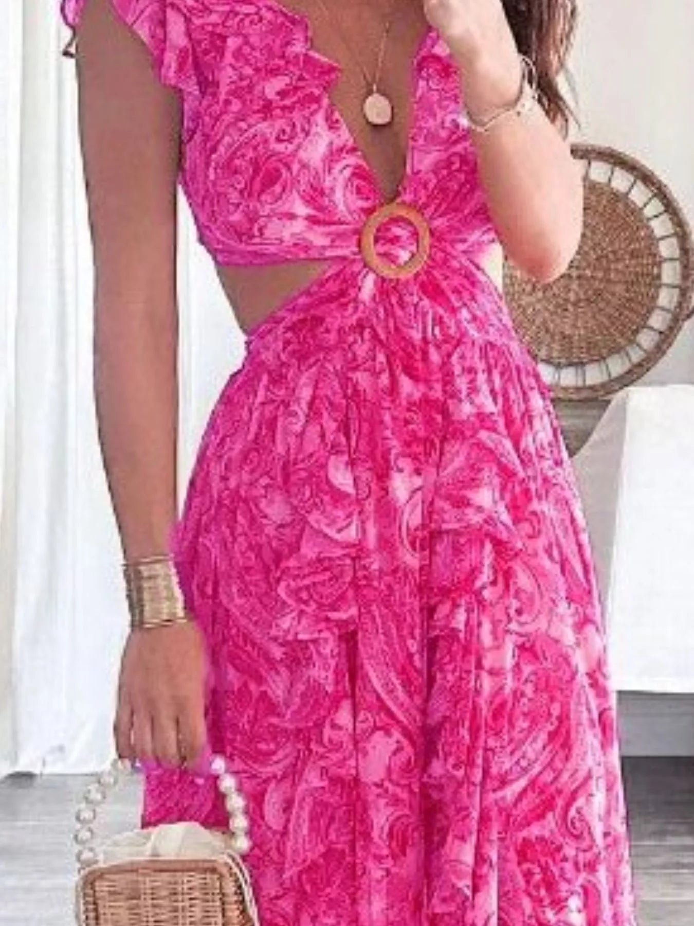 Full Size Ruffled Cutout V Neck Maxi Dress - Be Bliss Boutique