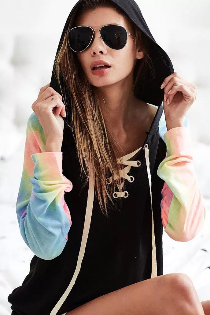 BiBi French Terry Lace Up Hoodie With Tie Dye Sleeves -  Be Bliss Boutique