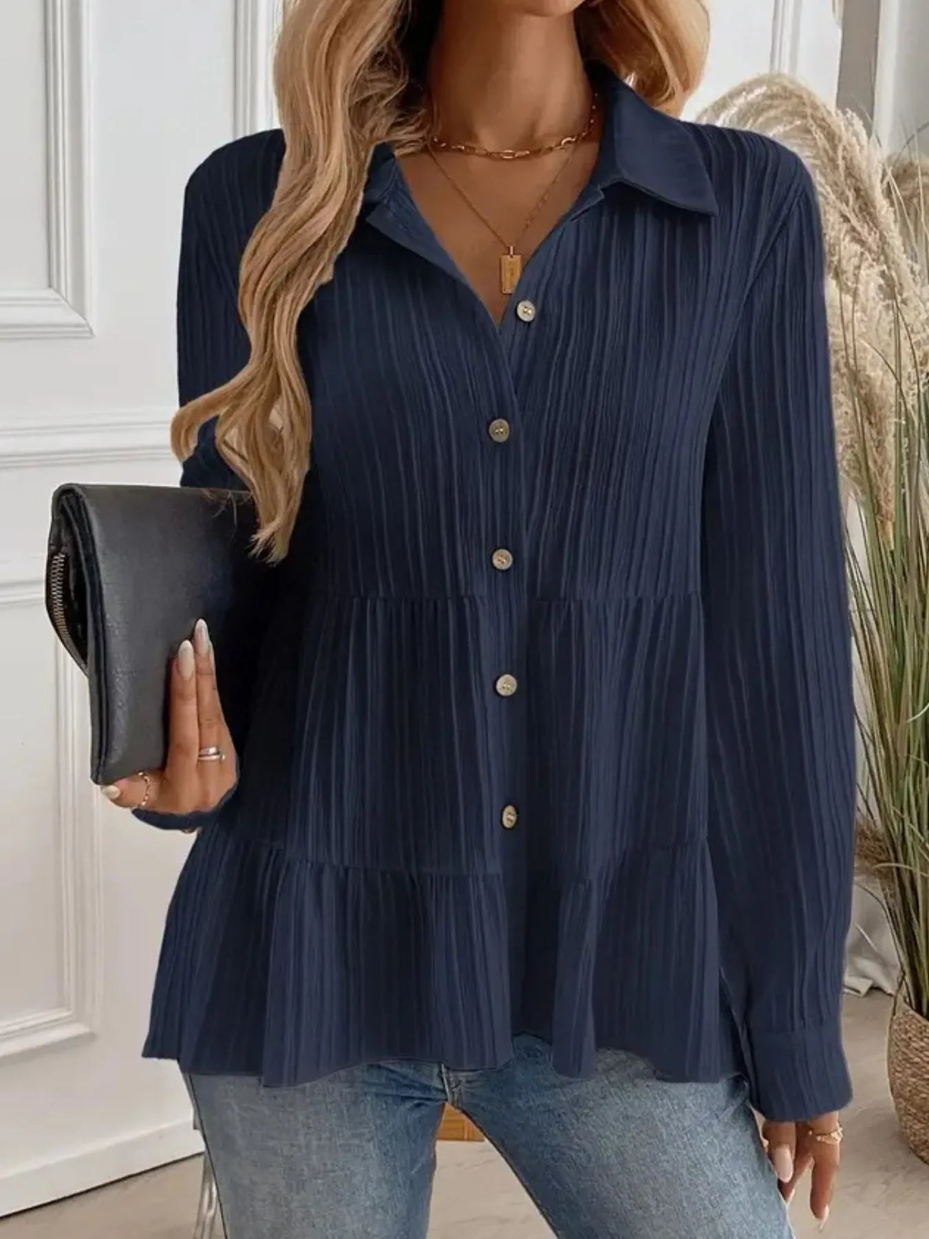 Striped Button-Down Tiered Shirt -  Be Bliss Boutique