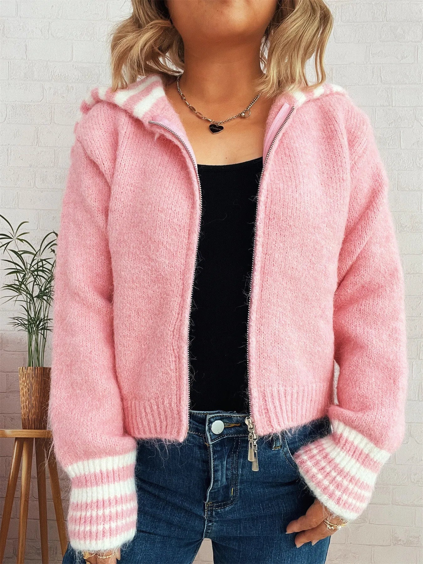 Striped Zip-Up Cardigan -  Be Bliss Boutique