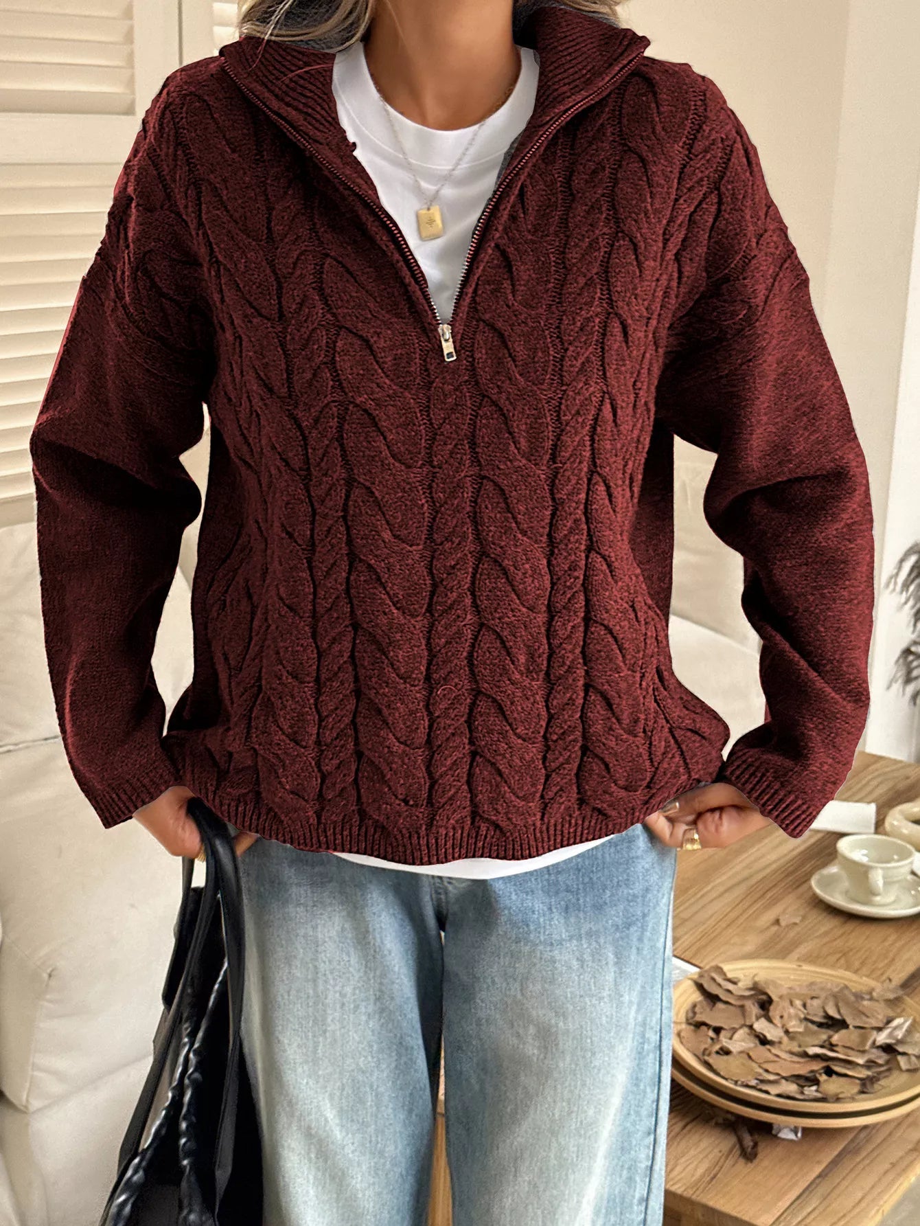 Zip Collar Cable-Knit Sweater -  Be Bliss Boutique
