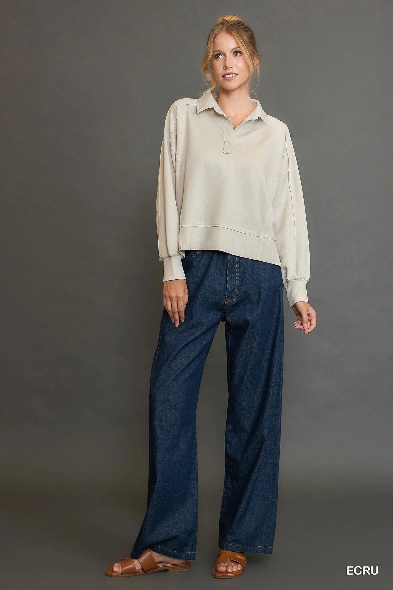 Umgee Collared Neck Long Sleeve Top with Raw Hem Detail -  Be Bliss Boutique
