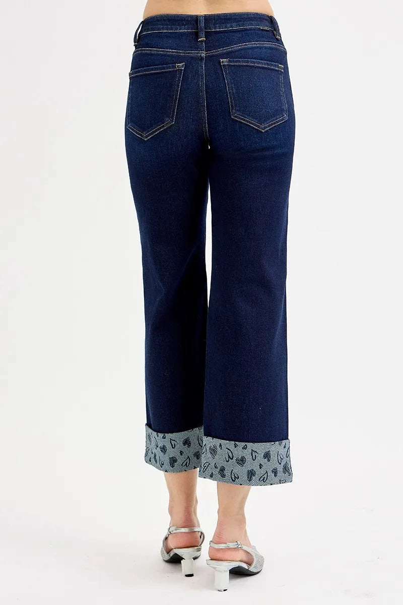 RISEN Full Size Mid Rise Fit Crop Wide With Printed Cuff Jeans Plus Size -  Be Bliss Boutique