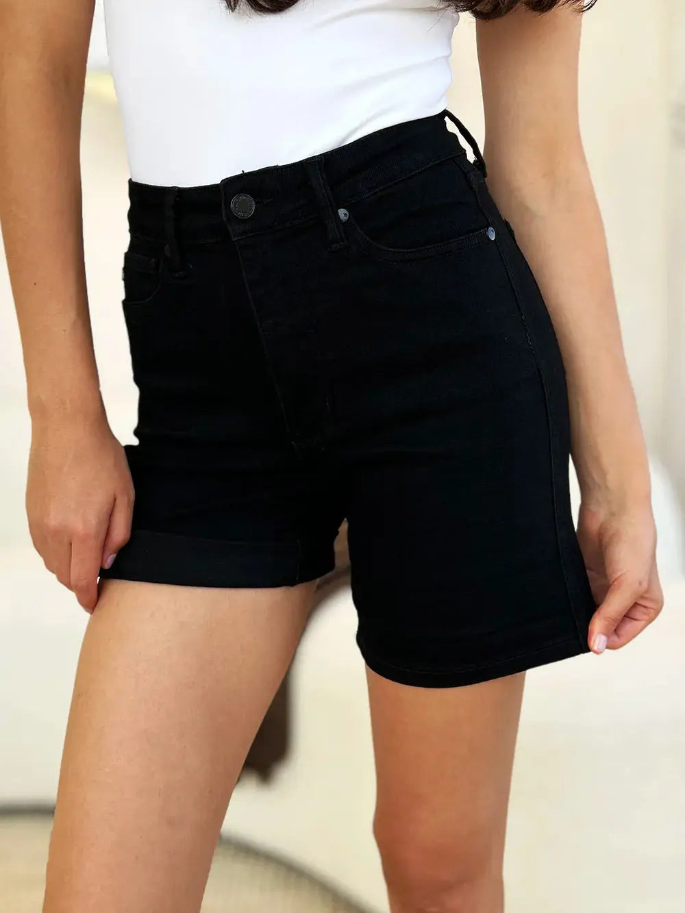 Judy Blue Full Size/Plus Size High Waist Tummy Control Cuffed Denim Shorts | Be Bliss Boutique