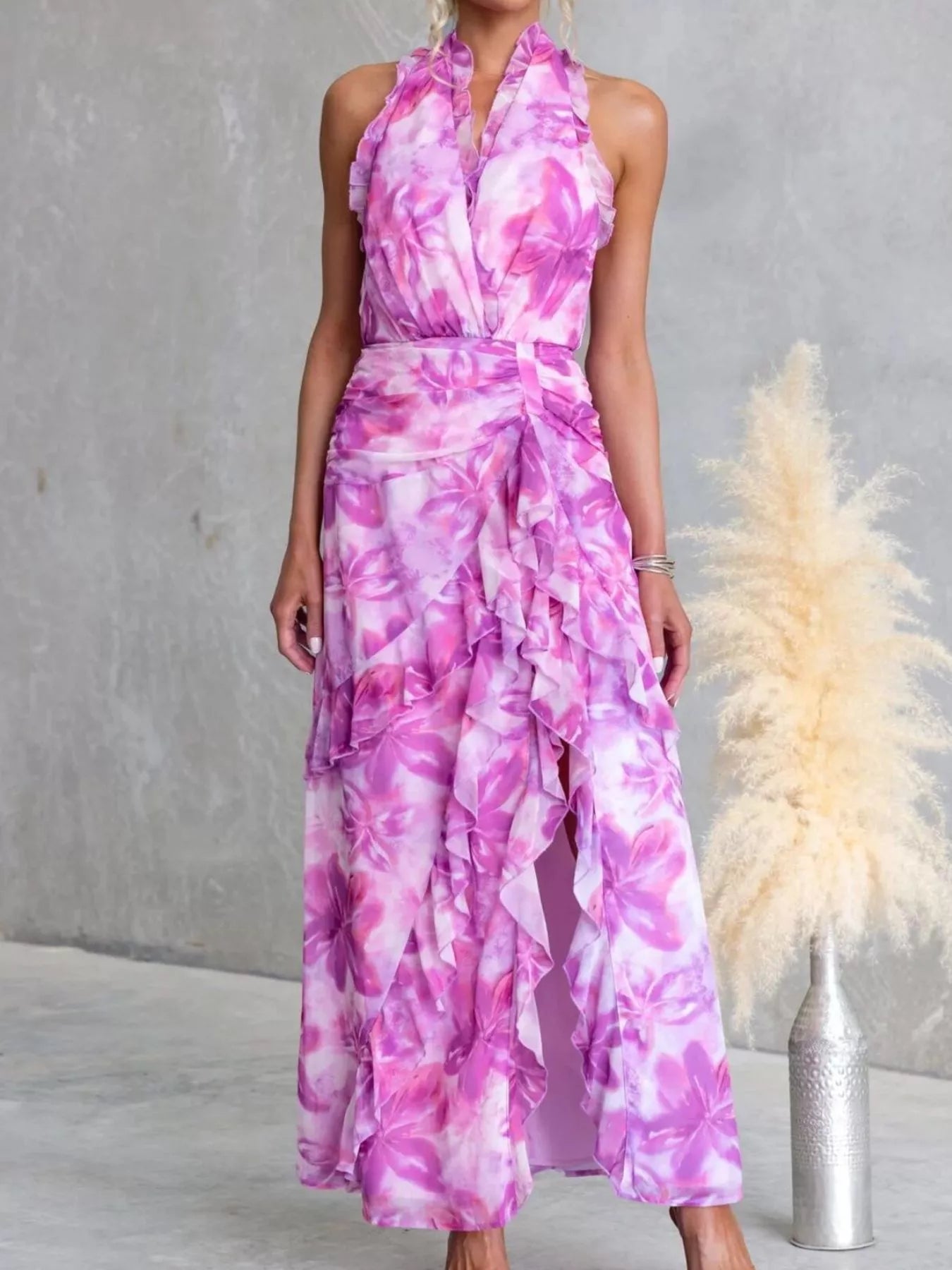 Floral Print Ruffle Halter Neck Maxi Dress - Be Bliss Boutique