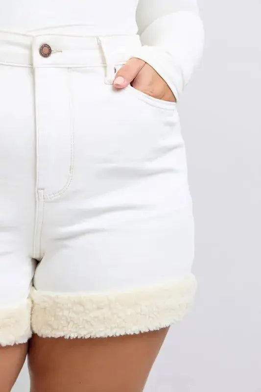 Judy Blue Full Size/Plus Size High Waist Shearling Cuff Denim Shorts | Be Bliss Boutique