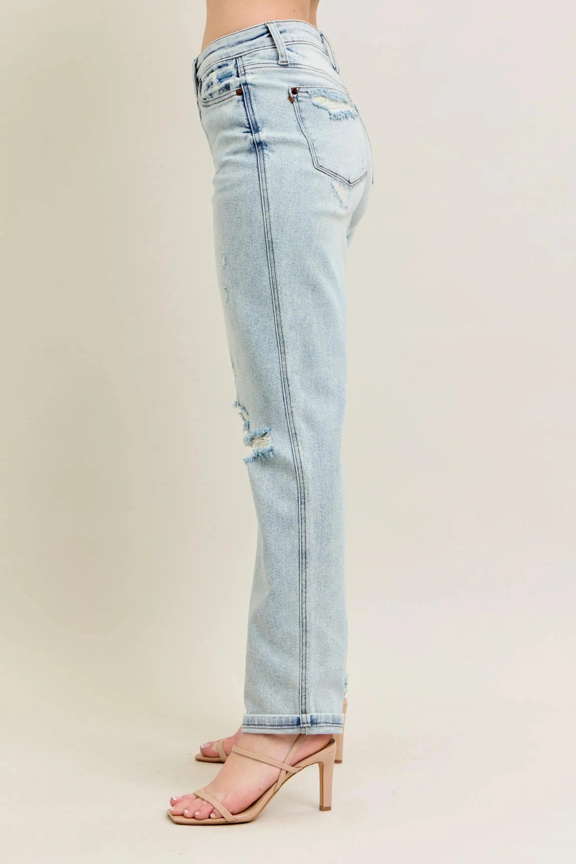Judy Blue Full Size / Plus Size Mr Repair Stitch Detail Destroy Single Cuff Boyfriend Jeans |  Be Bliss Boutique