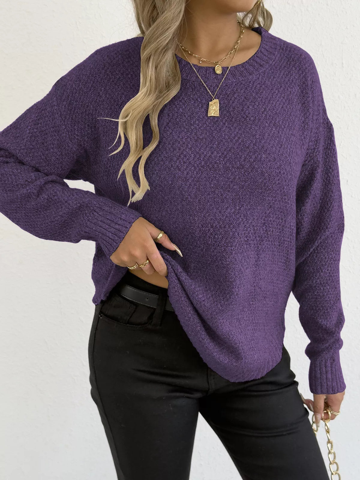Textured Knit Relaxed Fit Round Neck Sweater - Be Bliss Boutique