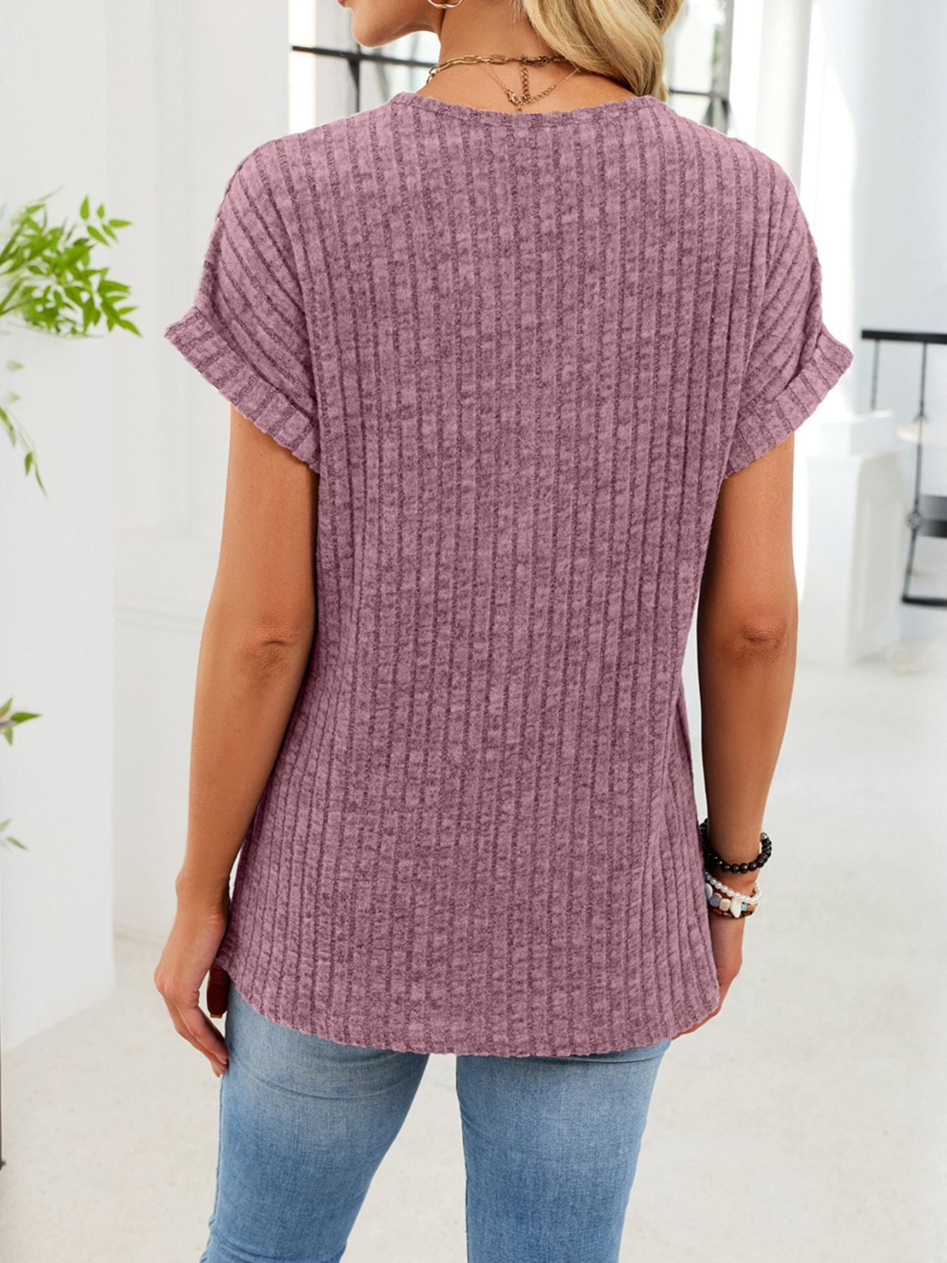 V Neck Ribbed Knit T Shirt - Be Bliss Boutique